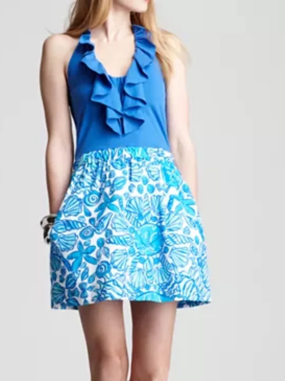 Lilly Pulitzer Blue Halter Ruffle Seashell Print Cotton Dress Size S